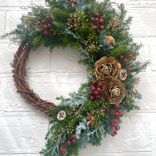 お正月も飾れる】クリスマス＊ナチュラルグリーン＊ハーフリース