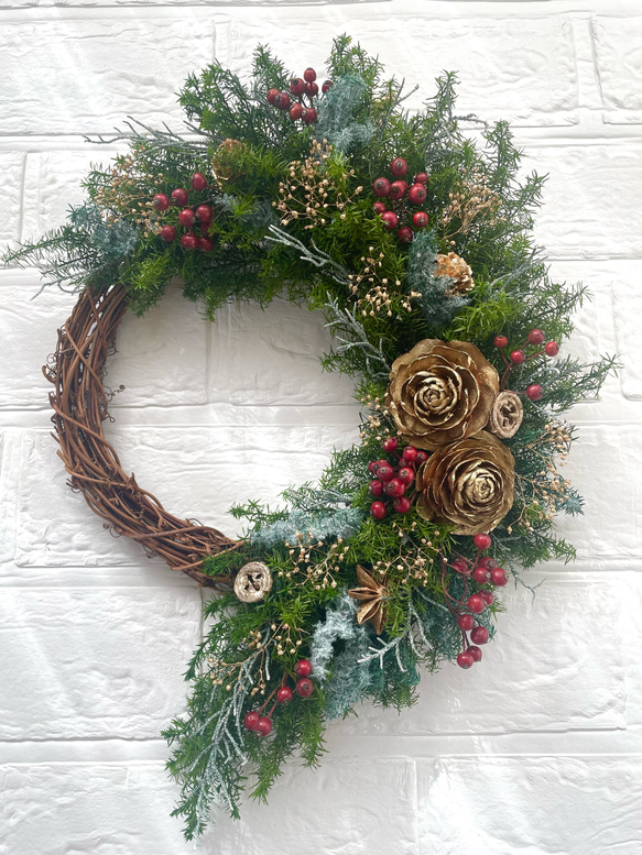 【お正月も飾れる】クリスマス＊ナチュラルグリーン＊ハーフリース 3枚目の画像