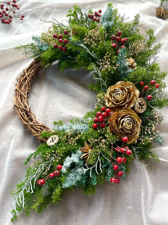 【お正月も飾れる】クリスマス＊ナチュラルグリーン＊ハーフリース 2枚目の画像