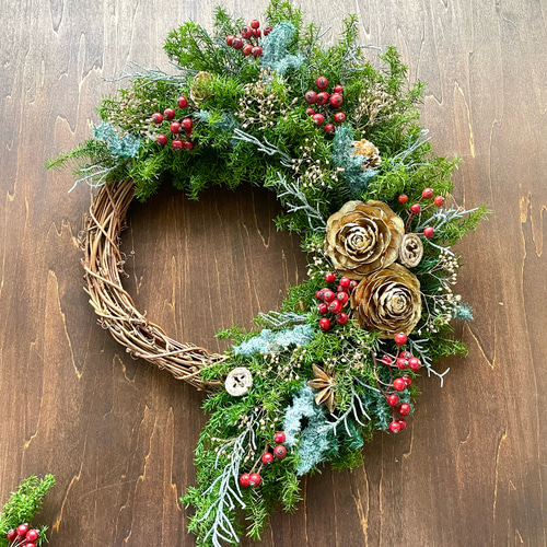 お正月も飾れる】クリスマス＊ナチュラルグリーン＊ハーフリース