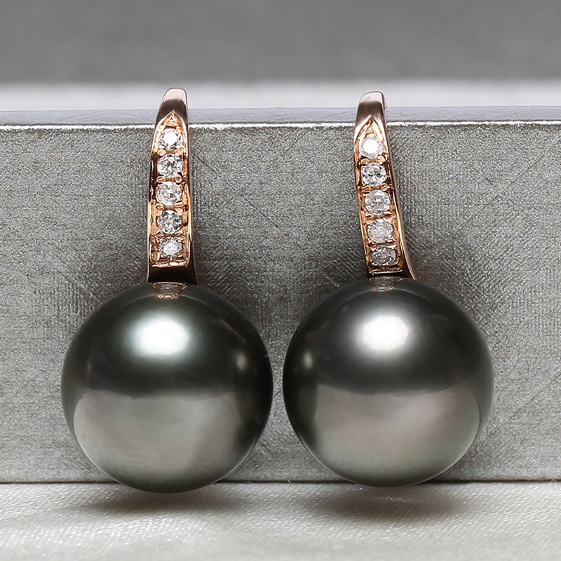 ルミナ9-12mm天然タヒチ黒真珠イヤリング、18Kゴールドハイヒールシューズイヤリング、ピーコックグリーンの色合い、丸くて明る