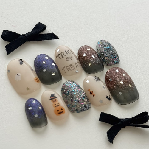 星降る大人ハロウィンネイル|おばけかぼちゃたちのハロウィンパーティ