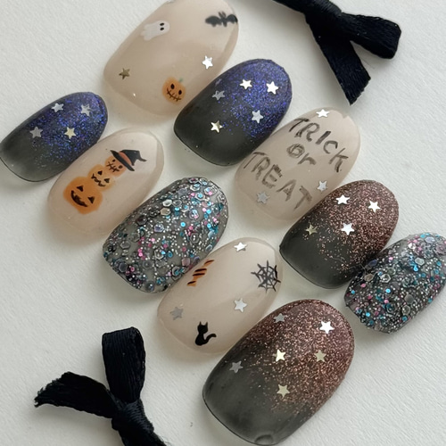 星降る大人ハロウィンネイル|おばけかぼちゃたちのハロウィンパーティ