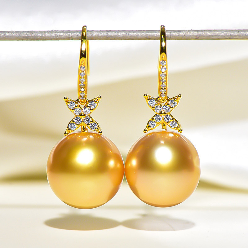 ルミナ 9-12mm 天然南洋ゴールドビーズイヤリング、18Kゴールドロングイヤリング、リッチゴールドトーン、完璧なラウンド、高