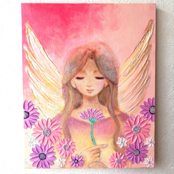 花束と天使のアクリル画 原画　癒しのインテリア テクスチャーアート 花束と天使のアクリル画 原画癒しのインテリア テクスチャーアート