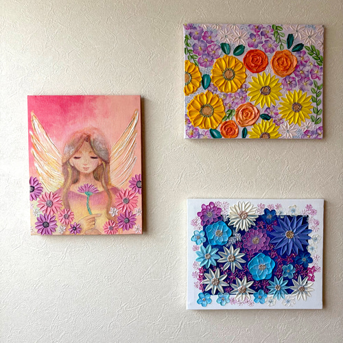 祈りの天使と花 テクスチャーアート F3サイズ アクリル画 原画 癒しの