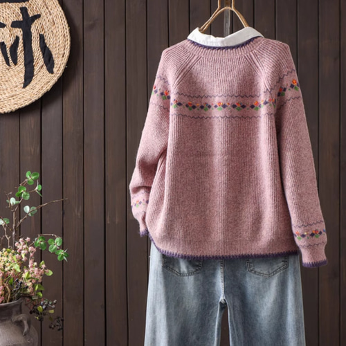 新作】レトロな丸首刺繍ニットカーディガン . ゆったりカジュアル