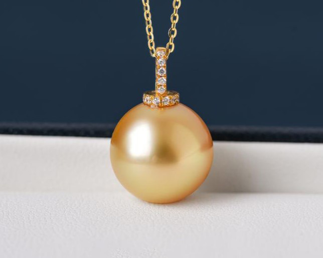 ルミナ 12-14mm 天然南洋ゴールドパールペンダント、18Kゴールドネックレス、ボトル型、リッチゴールド、明るいパール、豪華