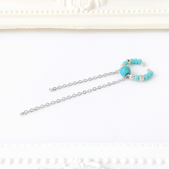 〈痛くない〉〜2way〜ターコイズブルー×シルバーチェーンイヤーカフ・イヤリング・フェイクピアス(片耳用)(調節可能) 6枚目の画像