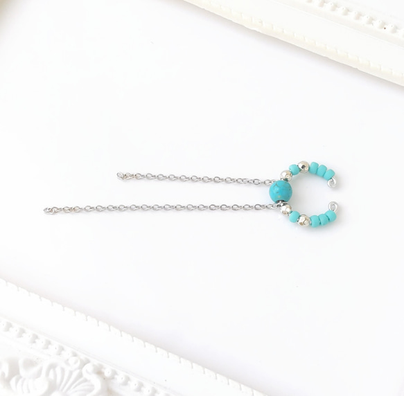 〈痛くない〉〜2way〜ターコイズブルー×シルバーチェーンイヤーカフ・イヤリング・フェイクピアス(片耳用)(調節可能) 3枚目の画像