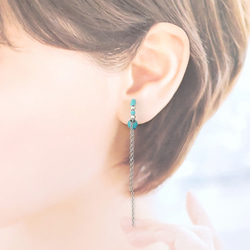〈痛くない〉〜2way〜ターコイズブルー×シルバーチェーンイヤーカフ・イヤリング・フェイクピアス(片耳用)(調節可能) 2枚目の画像