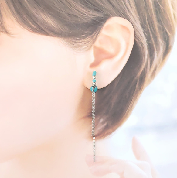 〈痛くない〉〜2way〜ターコイズブルー×シルバーチェーンイヤーカフ・イヤリング・フェイクピアス(片耳用)(調節可能) 2枚目の画像