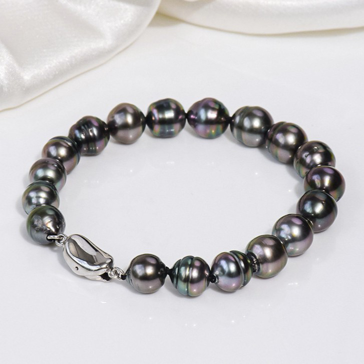 ルミナ8-9mm天然タヒチ黒真珠ブレスレット、925シルバー、不規則な形状とユニークなデザインのバロックスタイル、豪華で絶妙なジ