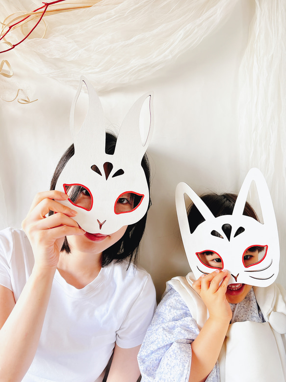 【単品販売　木製　七五三　wood mask お面　狐　兎】　千歳飴　七五三撮影　七五三参り　おうちスタジオ 1枚目の画像
