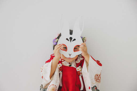 【単品販売　木製　七五三　wood mask お面　狐　兎】　千歳飴　七五三撮影　七五三参り　おうちスタジオ 2枚目の画像