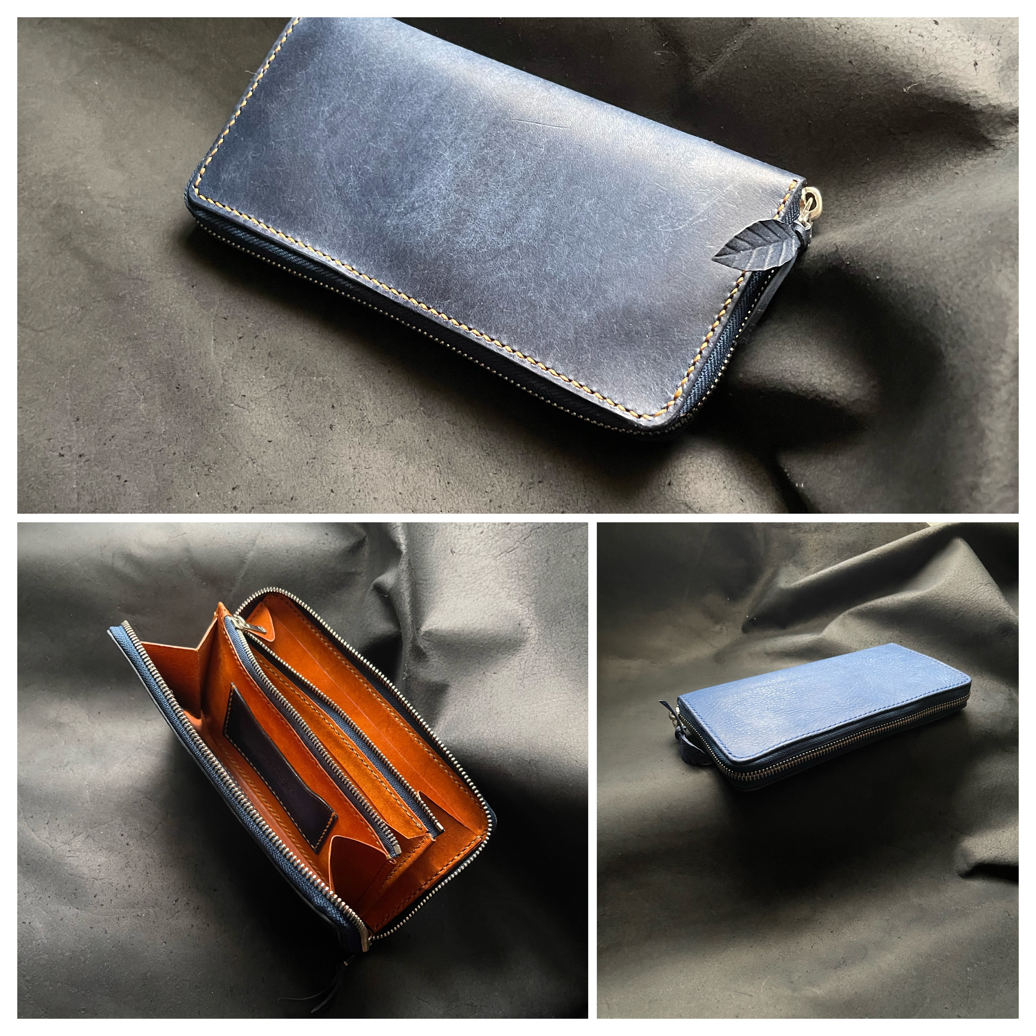 ラウンドファスナーロングウォレット ブルー＆キャメル