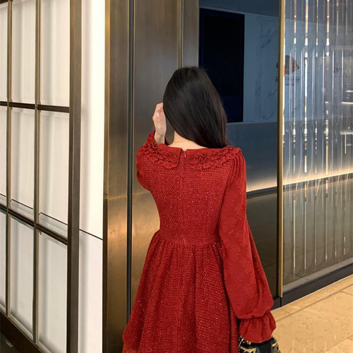 新品 大きいサイズ赤 フリル ツイード ワンピース長袖ミニ丈韓国