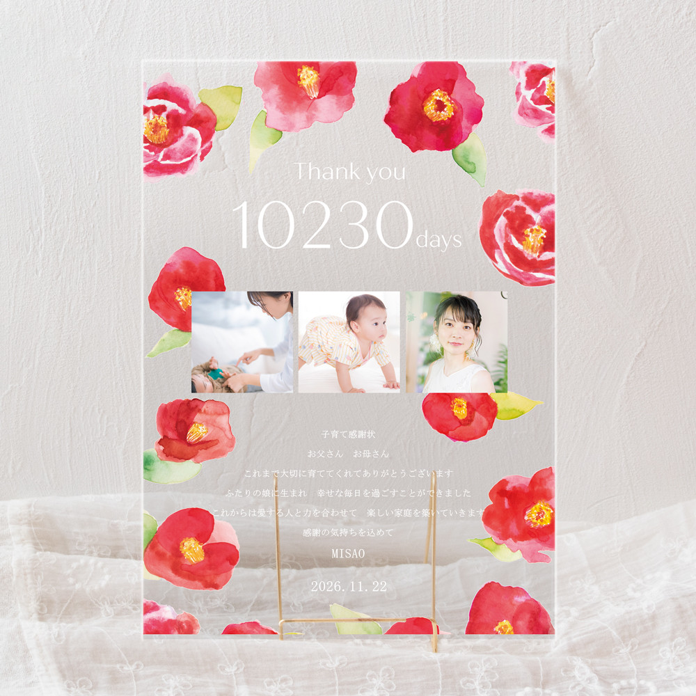 両親贈呈品 椿の感謝状 アクリル 写真入り 名入れ可