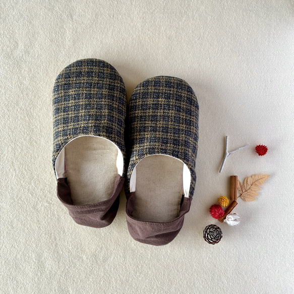 【ふっくら秋冬】コットンツイード okaeri！ふわふわルームシューズ ・Olive green 1枚目の画像