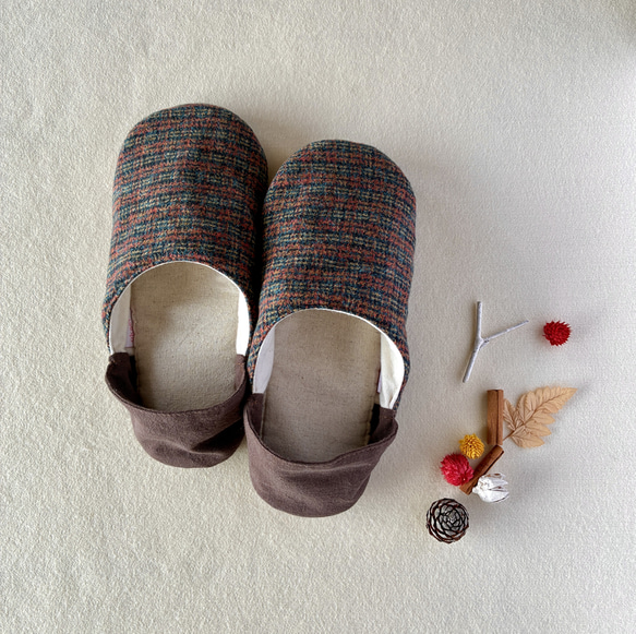 【ふっくら秋冬】コットンツイード okaeri！ふわふわルームシューズ ・Warm red 1枚目の画像