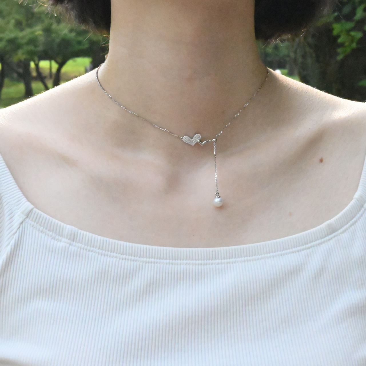 淡水パール×silver925 カジュアル  2way シンプル【ワンパールツインハートネックレス】