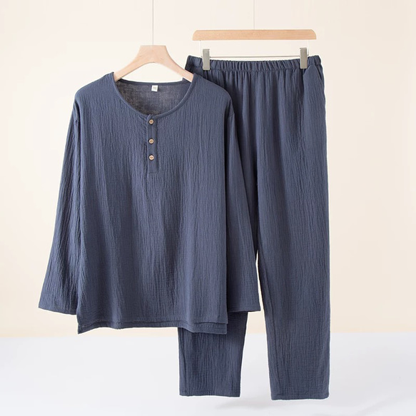 パジャマ 長袖メンズ上下セット男女兼用春秋冬ダブルガーゼ寝巻き 1枚目の画像