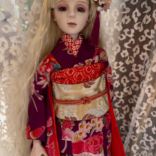 ハンドメイド　球体関節人形作品　アンティーク　アートワーク　古道具　ビンテージ 創作創作球体関節ビスクドール人形 紫色のアンティーク着物の女の子