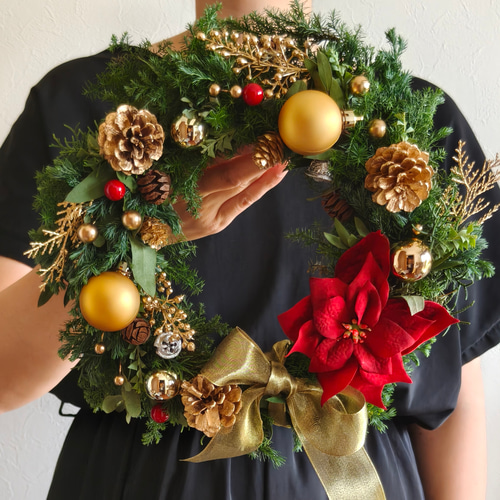 ポインセチアの華やかクリスマスリースL ナチュラルスクリスマス2025