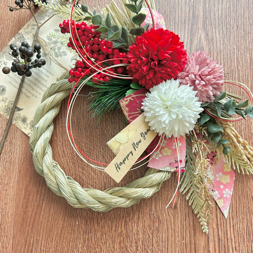 No.36 い草 紅白しめ縄リース2026 ハンドメイドお正月飾り玄関リース