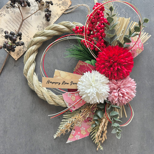 お正月飾り★しめ縄飾り★玄関飾り正月リース No.307 い草の紅白スワッグしめ縄リース2025 ハンドメイド お正月飾り