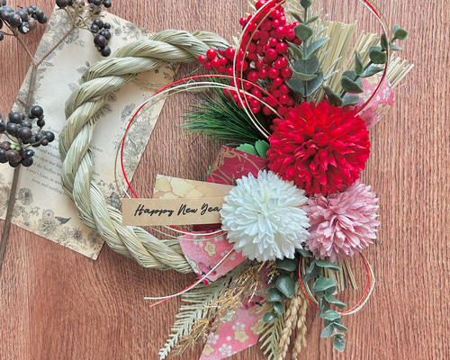 No.36 い草 紅白しめ縄リース2026 ハンドメイドお正月飾り玄関リース