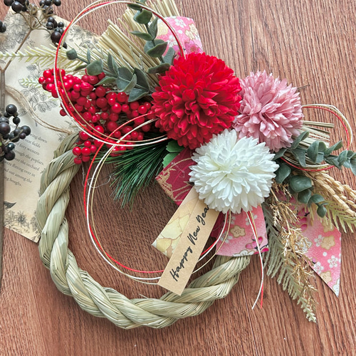 No.36 い草 紅白しめ縄リース2026 ハンドメイドお正月飾り玄関リース