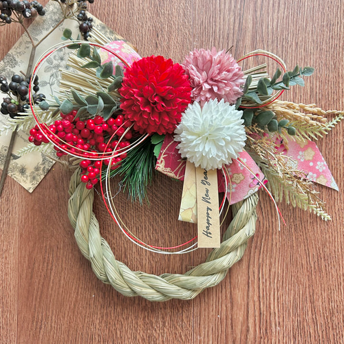 No.36 い草 紅白しめ縄リース2026 ハンドメイドお正月飾り玄関リース