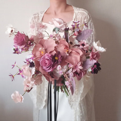 モーヴピンク　バラ　リボン　ウェディングブーケ　アーティフィシャルフラワー 96706bf3e2ba4c2e9d7a8ef6b20383