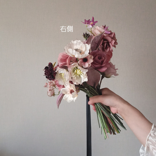 モーブピンクのバラとテラコッタの胡蝶蘭 リボン ウェディングブーケ