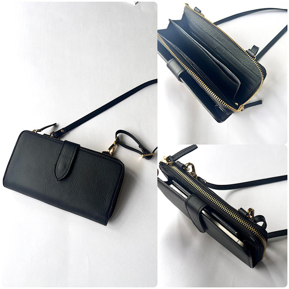 本革　超軽量２６０グラム　上質お財布ショルダー 　L字型財布　お財布ポシェット　長財布　black 2枚目の画像