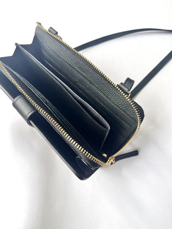 本革　超軽量２６０グラム　上質お財布ショルダー 　L字型財布　お財布ポシェット　長財布　black 8枚目の画像