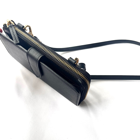 本革　超軽量２６０グラム　上質お財布ショルダー 　L字型財布　お財布ポシェット　長財布　black 6枚目の画像