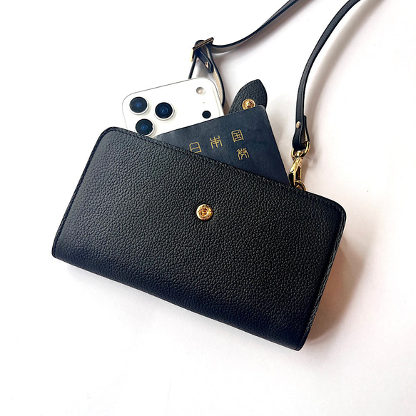 本革　超軽量２６０グラム　上質お財布ショルダー 　バイカラーL字型財布　お財布ポシェット　長財布　black+greig 5枚目の画像