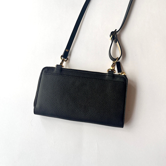 本革　超軽量２６０グラム　上質お財布ショルダー 　バイカラーL字型財布　お財布ポシェット　長財布　black+greig 6枚目の画像
