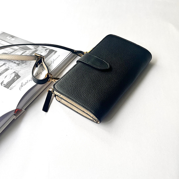 本革　超軽量２６０グラム　上質お財布ショルダー 　バイカラーL字型財布　お財布ポシェット　長財布　black+greig 1枚目の画像