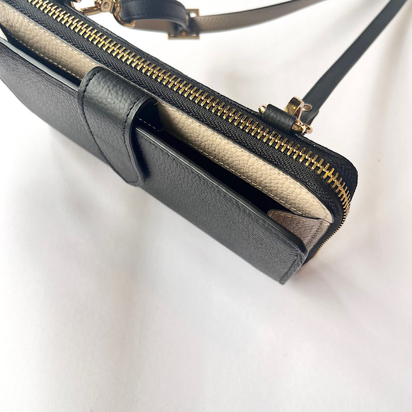 本革　超軽量２６０グラム　上質お財布ショルダー 　バイカラーL字型財布　お財布ポシェット　長財布　black+greig 3枚目の画像