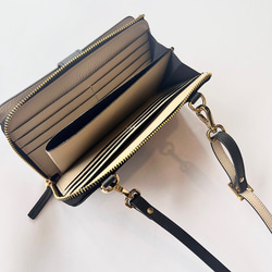 本革　超軽量２６０グラム　上質お財布ショルダー 　バイカラーL字型財布　お財布ポシェット　長財布　black+greig 4枚目の画像