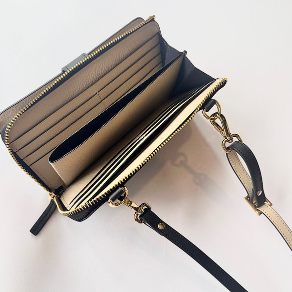 本革　超軽量２６０グラム　上質お財布ショルダー 　バイカラーL字型財布　お財布ポシェット　長財布　black+greig 4枚目の画像