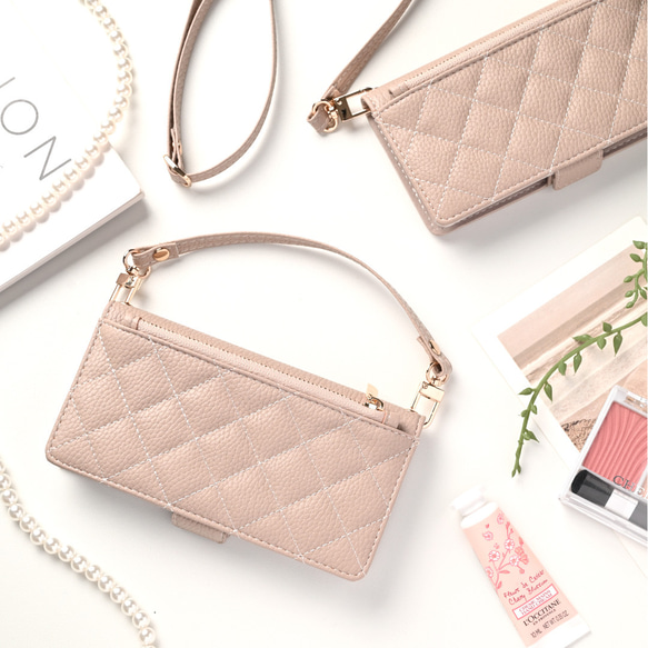 多機種対応 ミラー付き スマホケース 手帳型 【 キルティング コインケース付き 】 サイドマグネット AA99A 13枚目の画像