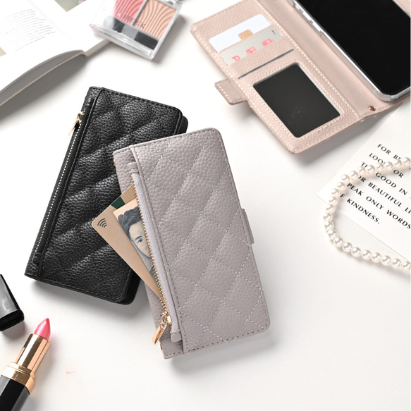 多機種対応 ミラー付き スマホケース 手帳型 【 キルティング コインケース付き 】 サイドマグネット AA99A 15枚目の画像