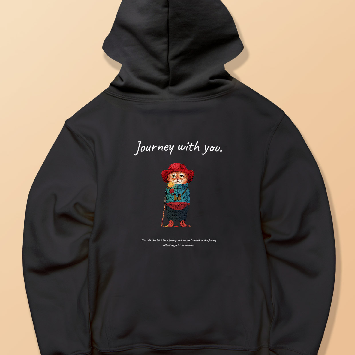 「Journey with you_ハイキングに付いてきたネコ」しっかりコットン生地/フルジップパーカー/送料無料