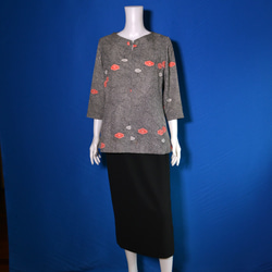 着物リメイク　正絹紬　シャツワンピース　マキシ　ロング　バルーン　パフスリーブ 着物リメイク 大島紬 シャツワンピース マキシ ロング バルーン