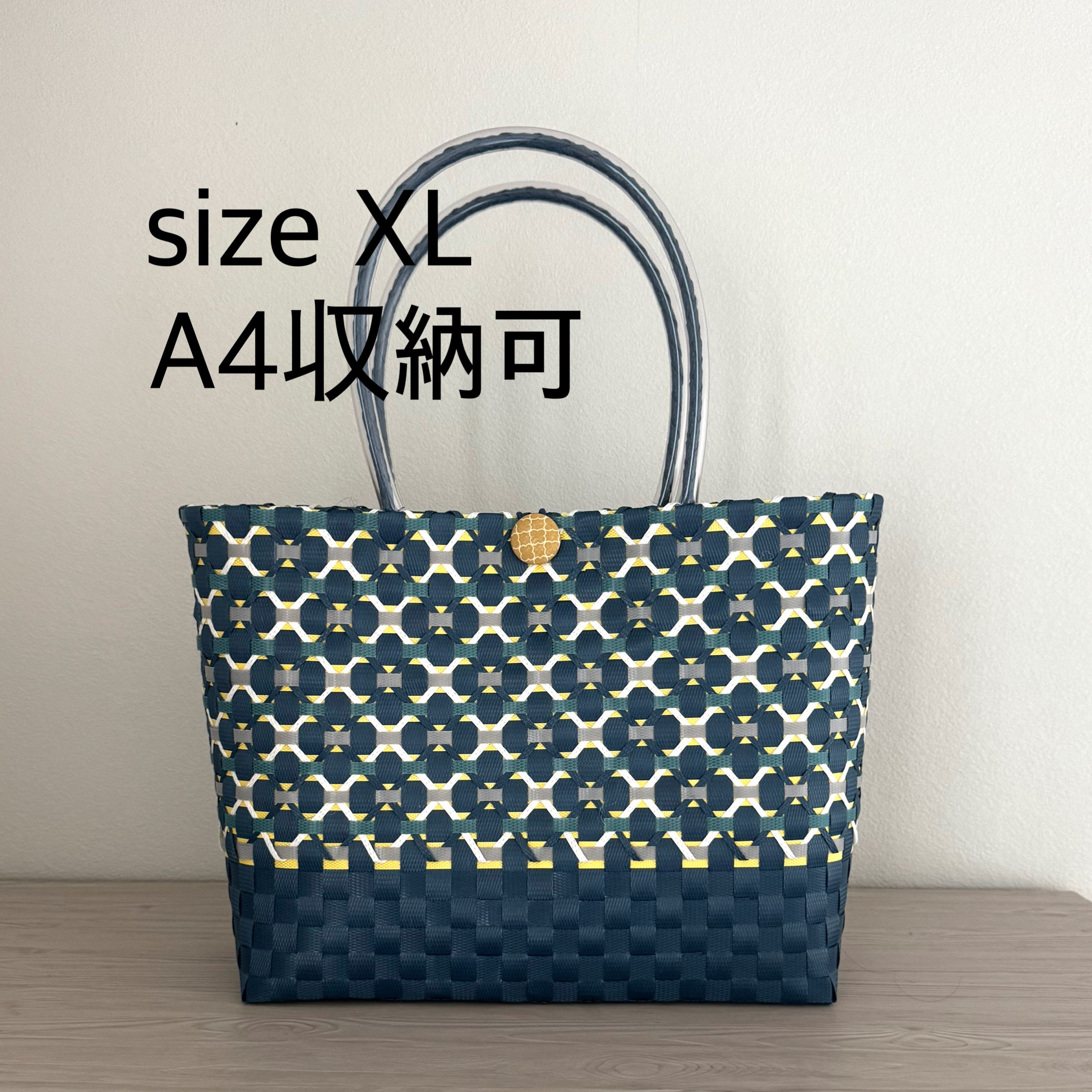 レトロ　プラカゴ　花柄 ネイビー系　XL A4収納可 PPバンド ハンドメイド