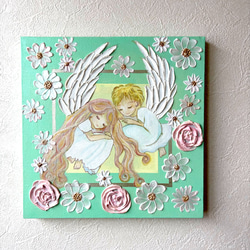 祈りの天使と花 テクスチャーアート F3サイズ アクリル画 原画